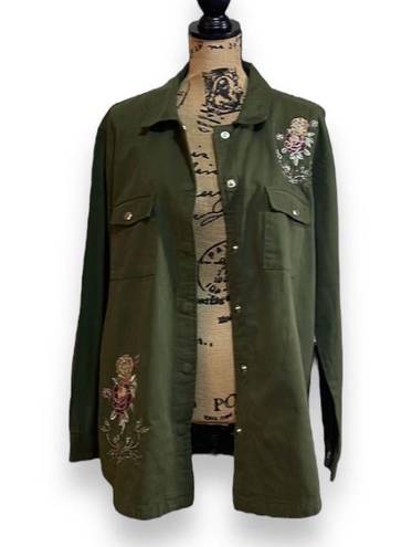 Blue Rain  Francesca’s Long Sleeve Embroidered Button Down Women’s L, Army Green