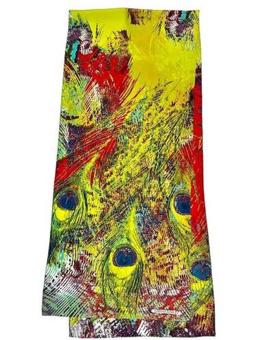 Cynthia Rowley 100% Silk Vibrant Colorful Peacock Feather Print Scarf 64” x 14”