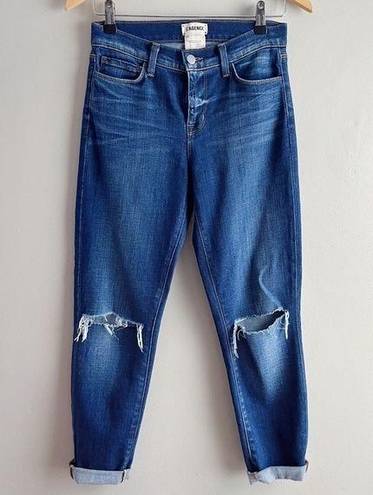 L'Agence L’Agence Mid-Rise Cropped Tapered Leg Distressed Jeans in Blue Denim, Size 24