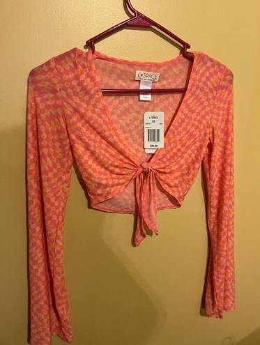 l*space L* Cover Up Bandera Top Sheer Mesh Tie Front Pink/Orange Size XS