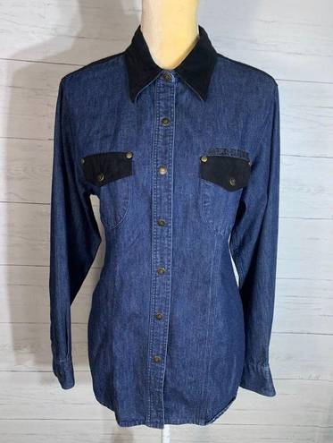 Harley Davidson Womens Harley-Davidson Blue Denim Snap Shirt Black Faux Suede Accents Size M