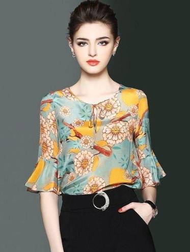 Mulberry Lonyuash 100%  Silk Floral Sheer Flare Cutout Sleeves Front Tie Blouse S