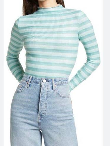 Edge Cali Be Womens Casual Top Blue Stripe Long Sleeve Mock Neck Lettuce  Rib M