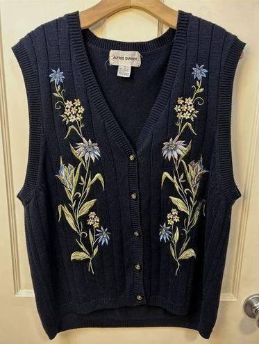 Vintage Alfred Dunner Floral Embroidered Button Up Sweater Vest Navy Blue XL