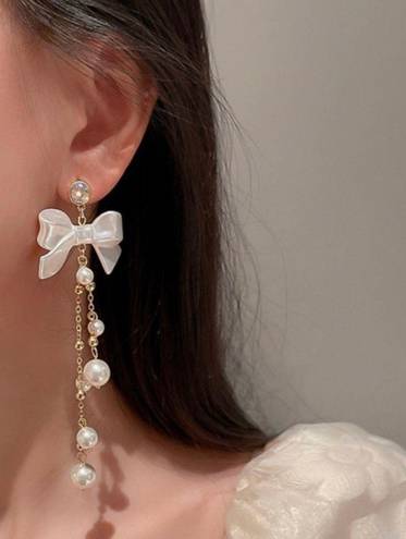 Elegant Bow White Pearl Dangle Drop Earrings for Women,Pearl Earrings Gold