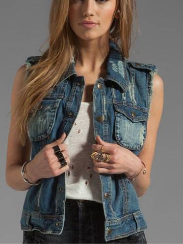 Free People Moody Blue Combo Distressed Denim Crochet Knit Macrame Cargo Vest