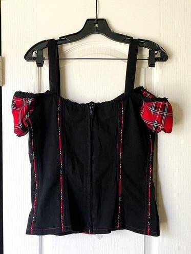 Tripp NYC Top Gothic Tartan Lace Off-Shoulder Y2K Corset Black Red Plaid XL GUC