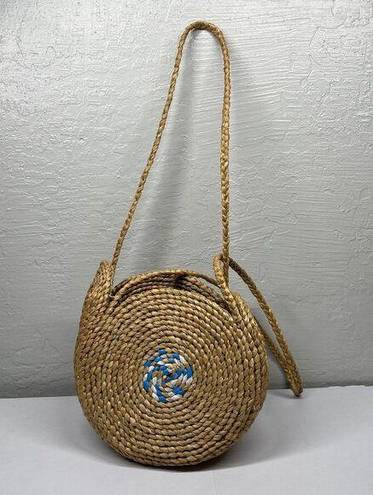 Vintage Blue  White Swirl Boho Round Straw Raffia Bag Hand Woven Shoulder Purse