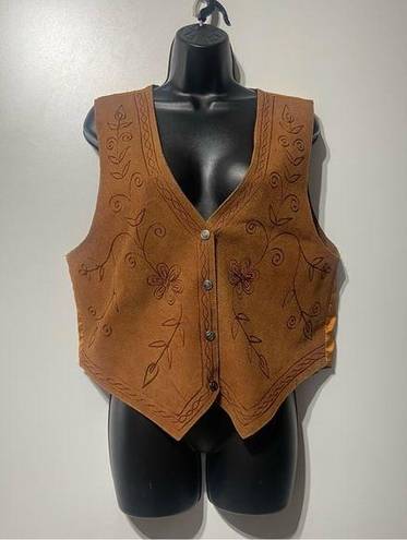 Agapo Rust Orange Tan Leather Suede Vest Floral Embroidery Stitch Size Medium