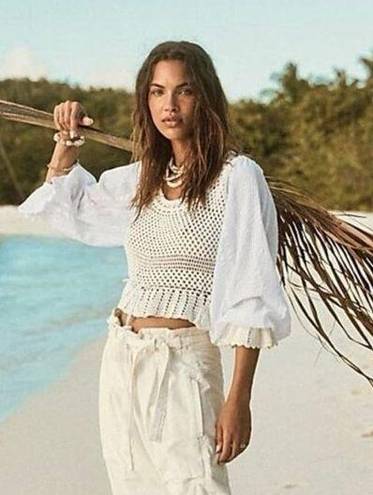 Free People NWT  - Megan Crochet Knit Ivory Top XS Boho Peasant Festival Blouse