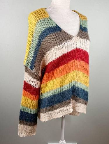 Elan  Sweater Rainbow Oversized Open Knit Stripes Large V-Neck