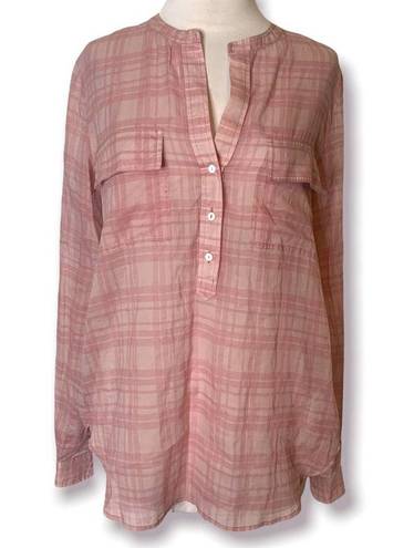 Vince  Peony Pink Plaid Half Placket Cotton Shirt sz M