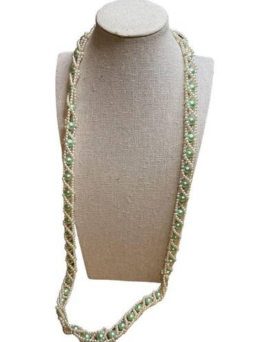 Twisted Long strand of Pearls  around light Green Beads Necklace