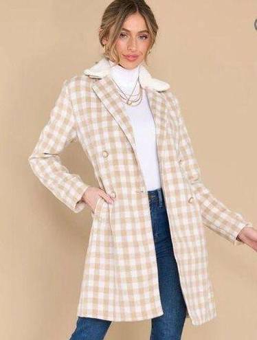 Aura  It's A Look Beige Plaid Coat Tie Double Breast Pearl Button M J NWT