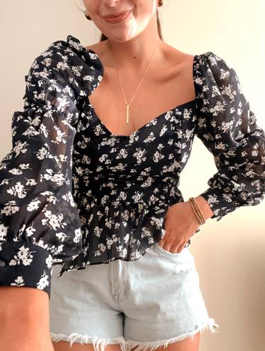 Lane 201 Navy Blue Flattering Floral Long Sleeve Puffy Sleeve Peplum Blouse Top