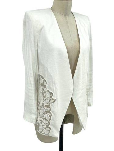 Alice + Olivia  Jenice Lace Inset Open Front Blazer White Linen Size Small