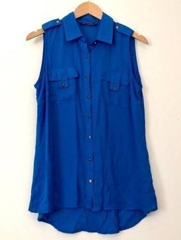 Zac and Rachel  Solid Bright Blue Utility Button Down Sleeveless High Low Hi-Lo Top