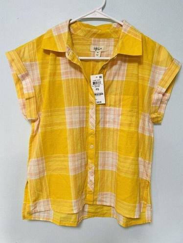 Style & Co  Womens  Short Sleeve Plaid Camp Shirt Daisy Daze Yellow Size PS