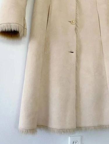 Jones New York Faux Suede Faux Fur Trim Long Coat Cream Size S