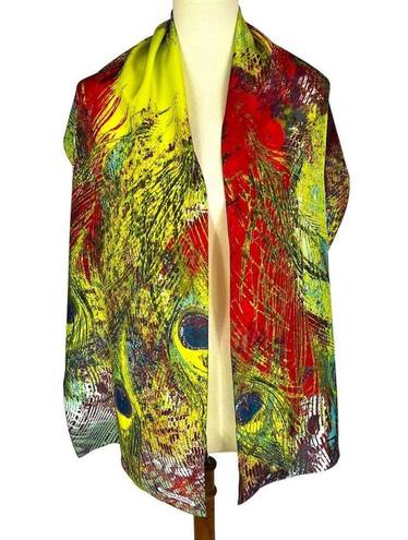 Cynthia Rowley 100% Silk Vibrant Colorful Peacock Feather Print Scarf 64” x 14”