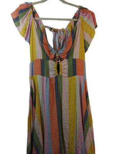 Angie  Pina Colda Striped Short Sleeve Strappy Neck Dress Boho Size L