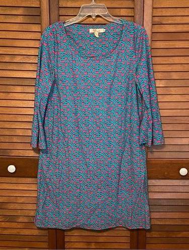 Aryeh Boutique  Turquoise and Hot Pink Patterned 3/4 Length Sleeve Dress Medium