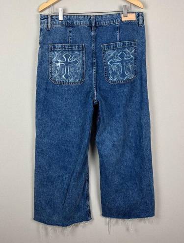 Mango MNG Denim Jeans Womens 14 Blue High Rise Wide Leg Baggy Frayed Hem Cotton Denim