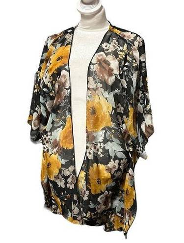 Emory park  Women Yellow & Black Floral Print Kimono Wrap Beach Cover Up Size L