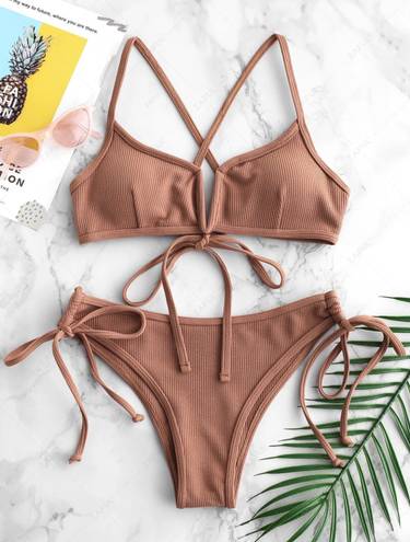 Zaful Ribbed V Wired Criss Cross Bikini Set - Light Brown