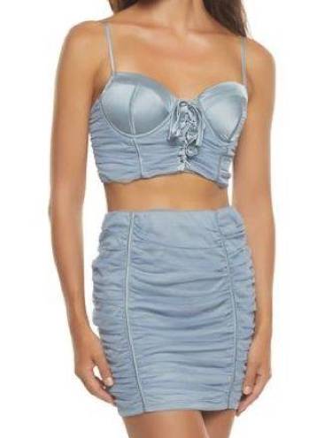 Lace Up Satin Bustier Two Piece Set Blue