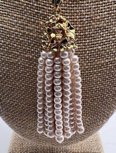 Talbots  Women's Gold Tone Chain Links Pearl Tassel Pendant Necklace Gold White