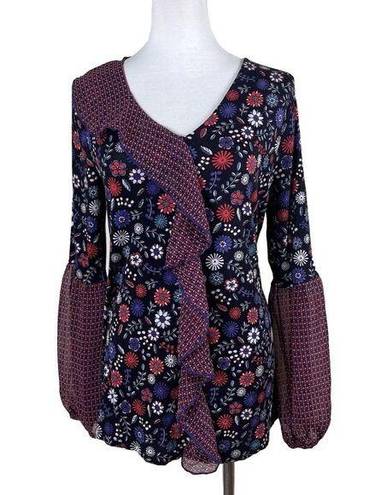 August Silk Women's Blouse MEDIUM Multicolor Floral Pattern Front Ruffles