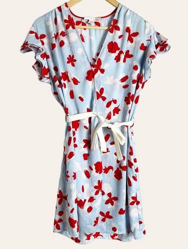 Oscar de la Renta  Pink Label Blue Red Floral Print Satin Wrap Dress Mini Robe S