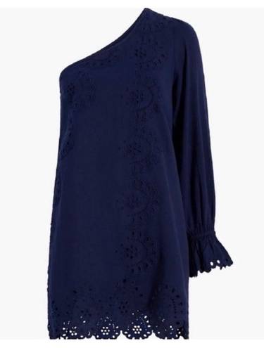 Hill House NWT  Mila Dress One Shoulder Navy Linen Blue Eyelet Sz S