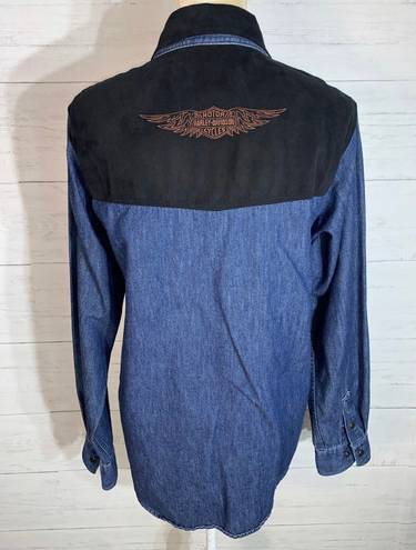 Harley Davidson Womens Harley-Davidson Blue Denim Snap Shirt Black Faux Suede Accents Size M