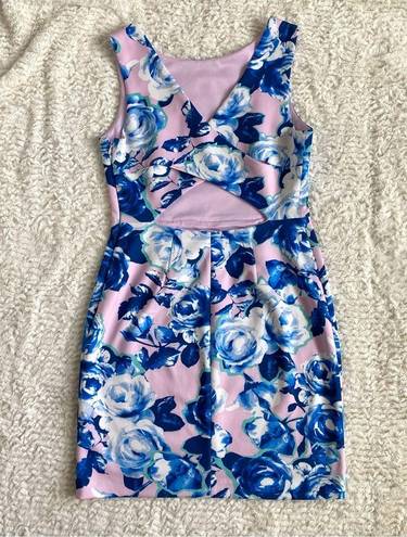 Betsey Johnson Floral Sleeveless Cut Out Back Dress Size 8 M Pink Blue Y2K Roses