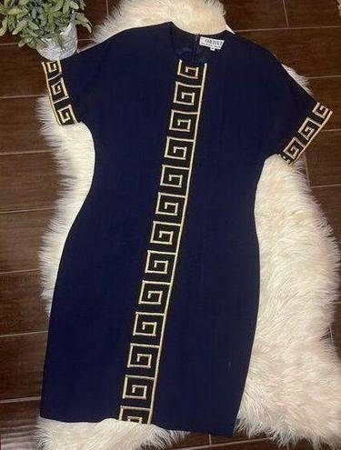 Chetta B  Navy Blue with embroidered Gold design short sleeve dress sz 10