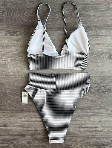 Aerie Bikini Set Triangle Top High Cut Cheeky Bottom Black White Stripe Small