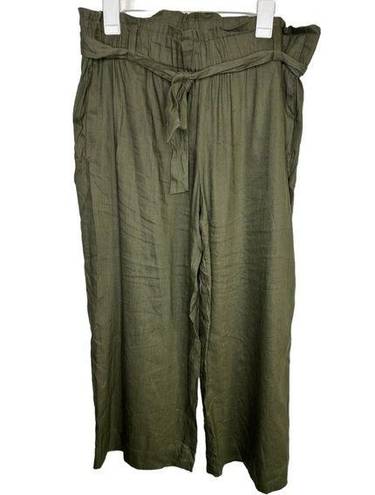 J.Jill  Olive Green Linen Blend Wide Leg Paperbag Waist Tie Detail Pants Size L