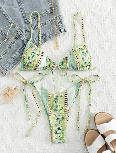 SheIn Green Paisley & Floral Side Tie Bikini