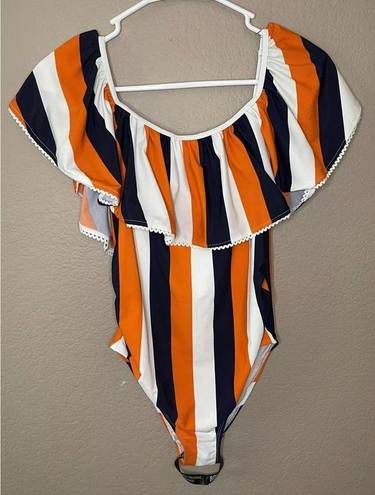 Boohoo  Maternity Off The Shoulder Ruffle Stripe White Swimsuit Size 4 - NWT