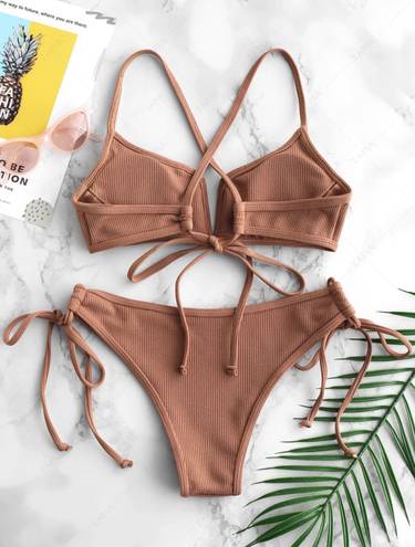 Zaful Ribbed V Wired Criss Cross Bikini Set - Light Brown