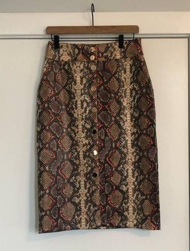 ZARA button front midi pencil skirt faux snake skin print python brown orange