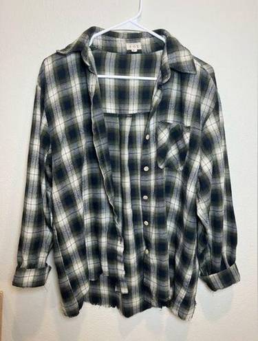 POL  Green Flannel Button Down with Raw Hem Oversized Size Small EUC