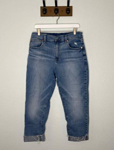 Gap Girlfriend High Rise Medium Indigo Cuffed Raw Hem Jeans