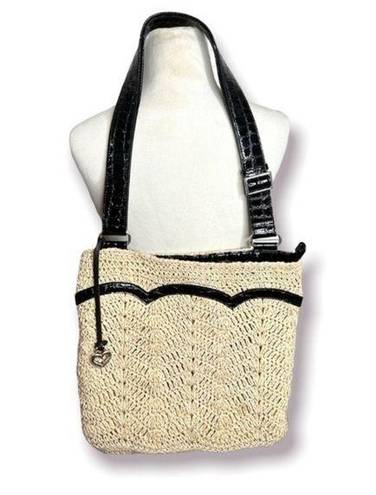 Brighton  tote Straw Purse with Black Patent Croc Embossed Strap Scalloped Accent