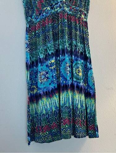 Kate & Mallory  Designs Dress Ikat Pattern Sleeveless V Neck Braid Waist Sz L GUC