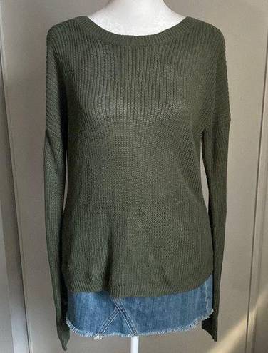 Full Tilt  Army Green Crewneck Ling Skeeve Sweater with Low Cut Out Back