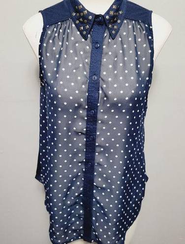 Rewind  navy polka dot stud collar mixed media sleeveless button down size large