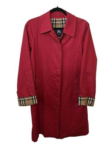 Burberry London Red Single Breasted Nova Check Lined With Flip Cuffs SZ 2 Trench